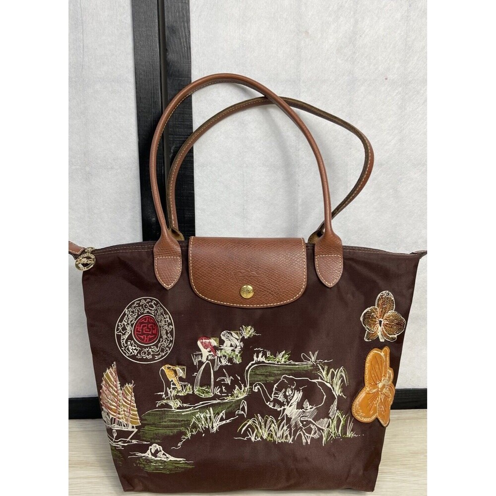 Longchamp Brown Tote with Embroidered Design